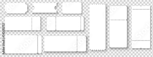 Set of empty tickets mock ups. White paper lottery, coupon, receipt. Templates of cards for plane boarding, museum, exhibition or theatre entrance, festival or circus seating. Vector illustration.