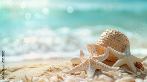 Summer accessories placed on a sandy beach with a blurred sea in the background, conveying the concept of summer exotic relaxation. Ample copyspace is available for text photo