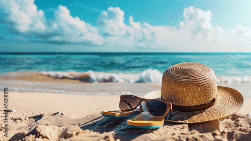 A tropical beach scene adorned with a straw hat, bag, sunglasses, and flip-flops
