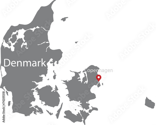 Gray Map of Denmark with location marker of the capital and inscription of the name of the country and the capital inside map