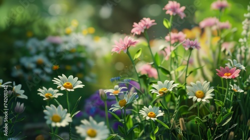 A beautiful garden adorned with daisy flowers, evoking the essence of summer or spring