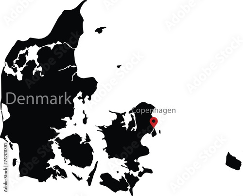 Black Map of Denmark with location marker of the capital and inscription of the name of the country and the capital inside map