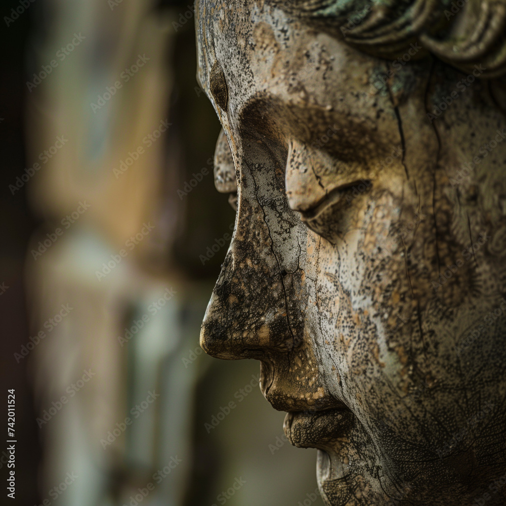 Serene Statue Close-Up - Ancient Sculpture Detail Serene Statue Close-Up - Ancient Sculpture Detail