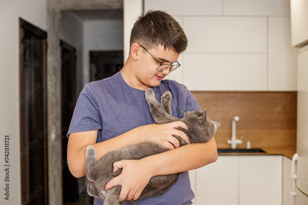 Teenager Lovingly Holding Gray Cat. Scottish fold Teenager Lovingly Holding Gray Cat. Scottish fold