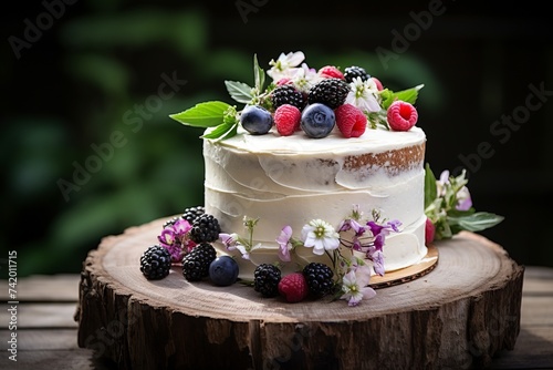 A rustic-style cake with textured buttercream frosting, adorned with fresh berries and edible flowers