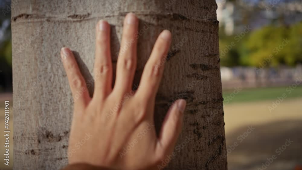 A man's hand touching the textured bark of a tree in a sunny park.