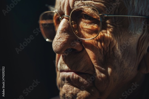 An aged man's weathered face, marked by deep wrinkles and framed by thick glasses, captures the essence of a lifetime in one portrait photo