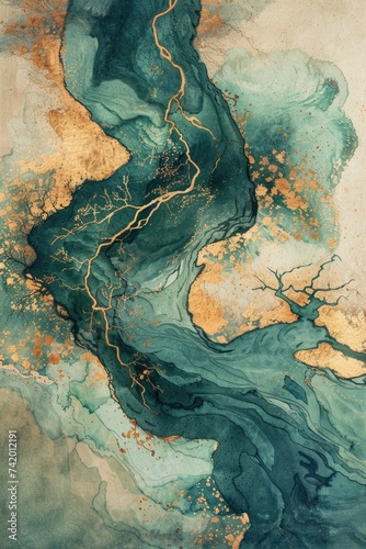 Artistic Abstract Wallpaper: Aerial View of a Watercolor River Delta with Rich Blues and Greens Intersected by Delicate Golden Lines, Mimicking Natural Earth Topography