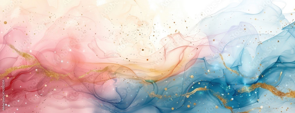Abstract Jewel-Toned Watercolor Swirls with Pastel Highlights and Gold Accents Over Subtle Grunge Texture for Desktop Background