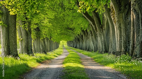 Lime tree avenue resembling a tunnel in spring, with fresh green foliage, located in the park of Hundisburg Castle, Germany, Europe photo