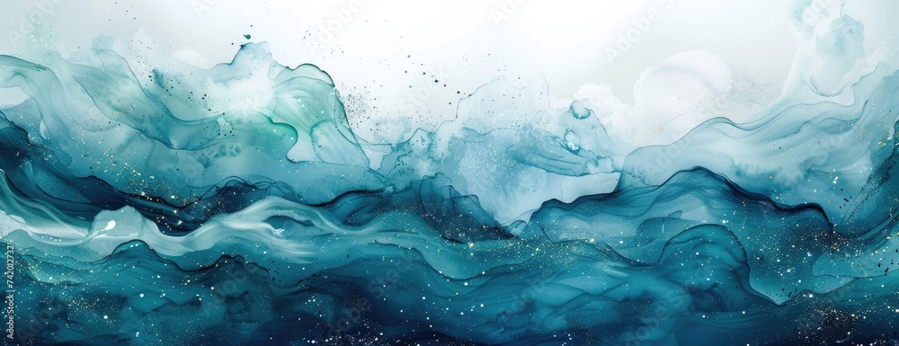 Textured Abstract Wallpaper: Translucent Watercolor Washes in Oceanic Blues and Greens with Serene Underwater Effect and Shimmering Particles Textured Abstract Wallpaper: Translucent Watercolor Washes in Oceanic Blues and Greens with Serene Underwater Effect and Shimmering Particles