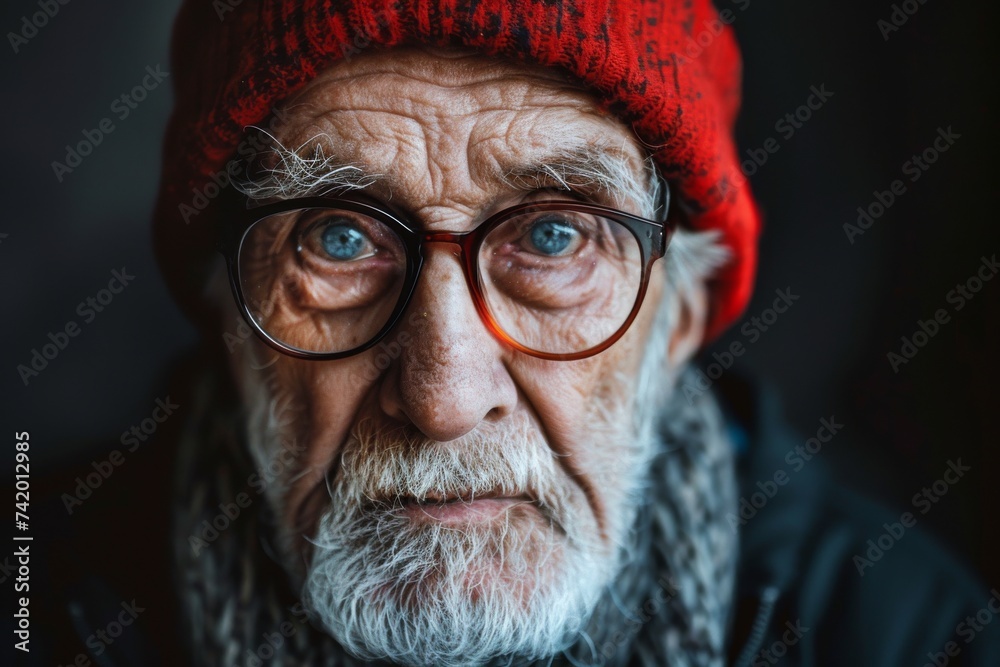 A distinguished man with a wrinkled forehead and a well-groomed moustache wears a red hat and glasses, his piercing eyes staring out from behind the frames as he gazes confidently into the camera A distinguished man with a wrinkled forehead and a well-groomed moustache wears a red hat and glasses, his piercing eyes staring out from behind the frames as he gazes confidently into the camera