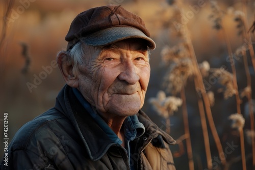 A weathered man stands stoically in the great outdoors, his lined face framed by a rugged beard and adorned with a well-worn hat and glasses, embodying a timeless sense of character and style