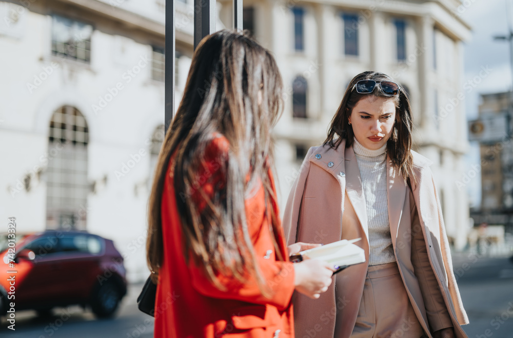 Obraz premium Two businesswomen engaged in a serious discussion while standing in an urban setting, showcasing professional teamwork and collaboration.
