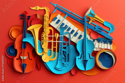 Jazz band musical instruments, world music day poster, abstract invitation