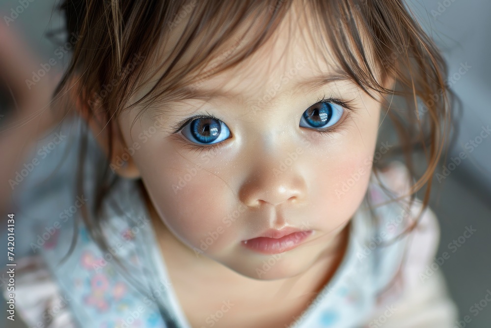 In this captivating portrait, a young girl's flawless skin, delicate eyelashes, and piercing eyes steal the spotlight as she models her adorable clothing with confidence and innocence In this captivating portrait, a young girl's flawless skin, delicate eyelashes, and piercing eyes steal the spotlight as she models her adorable clothing with confidence and innocence