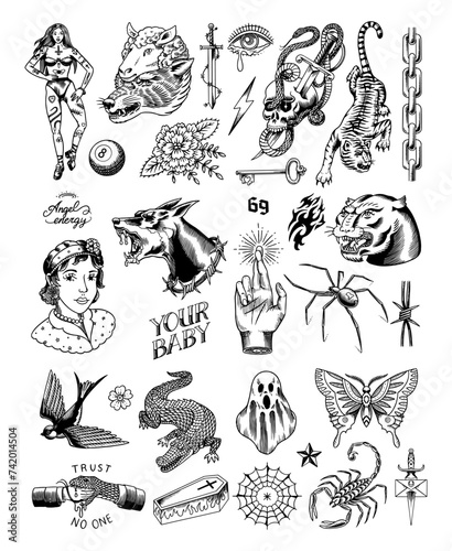 Old school Tattoo stickers set. Woman, crocodile, doberman dog, swallow, snake and handshake, ghost, scorpion, butterfly, spider, panther and hope gesture. Engraved hand drawn vintage sketch.