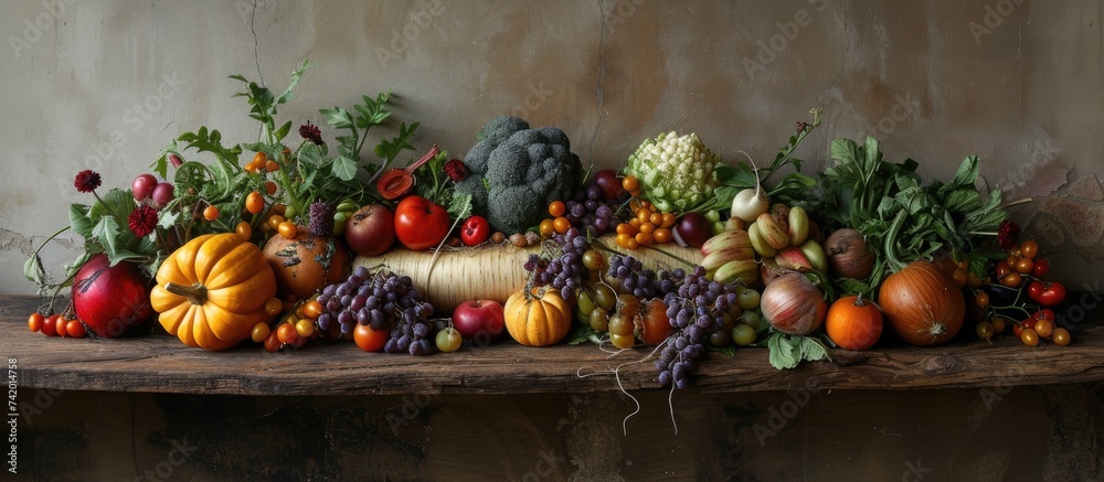 A variety of colorful fruits and vegetables, including pumpkins, apples, carrots, and tomatoes, are neatly arranged on a rustic wooden table. A variety of colorful fruits and vegetables, including pumpkins, apples, carrots, and tomatoes, are neatly arranged on a rustic wooden table.