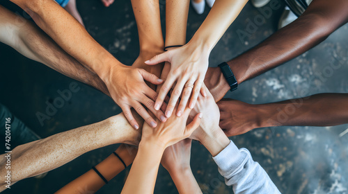 Diverse people form a circle, holding hands, symbolizing teamwork, team building, collaboration, unity and inclusion  photo