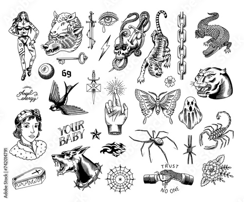 Old school Tattoo stickers set. Woman, crocodile, doberman dog, swallow, snake and handshake, ghost, scorpion, butterfly, spider, panther and hope gesture. Engraved hand drawn vintage sketch.