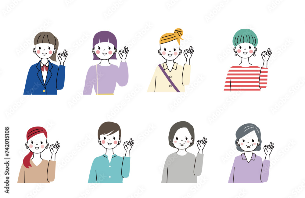 OKポーズをしているいろんな年代の女性 上半身のイラスト OKポーズをしているいろんな年代の女性 上半身のイラスト