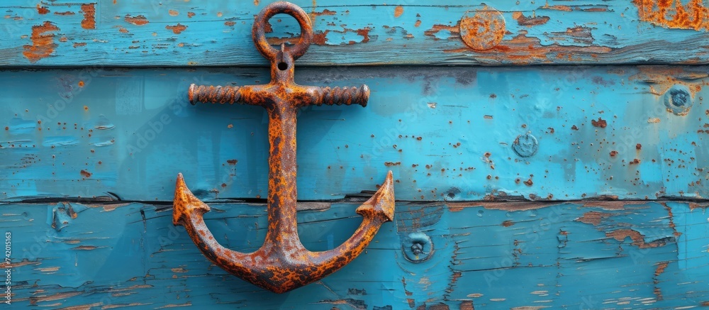 A weathered, rusty anchor is mounted on a blue painted wall, creating a stark contrast between the rough metal and smooth surface. The anchor appears as though it has weathered many storms, adding a A weathered, rusty anchor is mounted on a blue painted wall, creating a stark contrast between the rough metal and smooth surface. The anchor appears as though it has weathered many storms, adding a