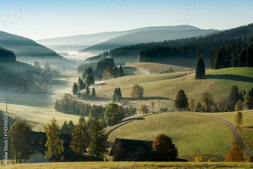 Morning mist, morning mood, sunrise, Jostal, near Neustadt, Black Forest, Baden-Wuerttemberg, Germany, Europe
