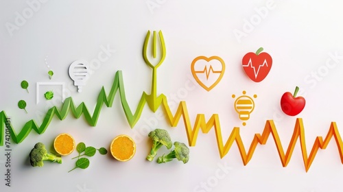 Healthy lifestyle symbol collection. Paper looking design. Healthy food and fitness leads to healthy heart and life. Symbols connected with heart rate monitoring line. Isolated on white.