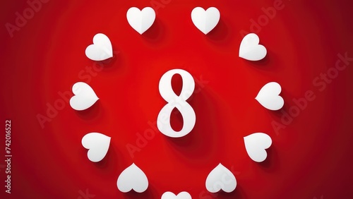 The number 8 is white with white hearts around it on a red background. The concept of the March 8th holiday.