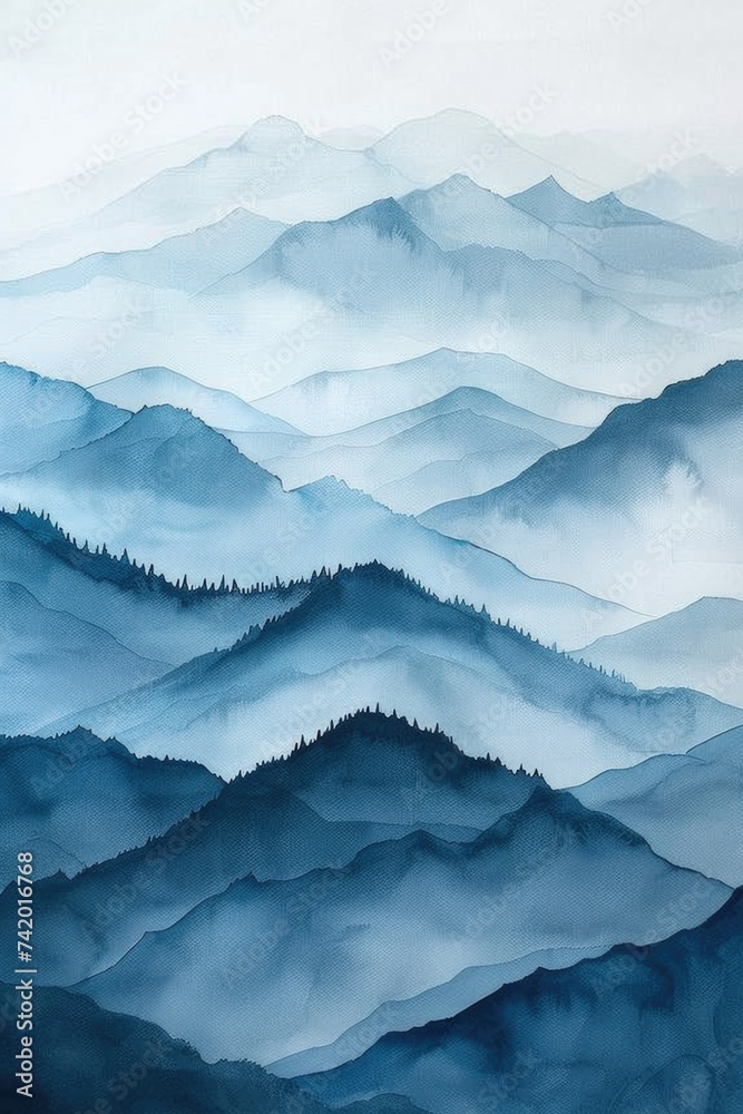 Adventure Awaits: Abstract Watercolor Mountainscape with Layered Shades of Blue and Grey