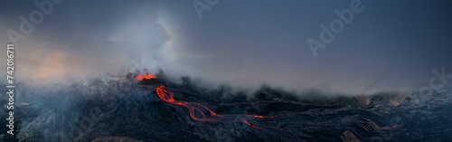 Aerial view, erupting volcano with lava fountains and lava field, crater with erupting lava and lava flow, Fagradalsfjall, Reykjanes Peninsula, Iceland, Europe photo