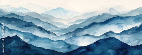 Exploratory Essence: Blue and Grey Layered Watercolor Mountainscape for an Abstract Adventure