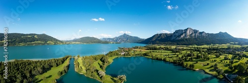Drone shot, panoramic view of the Golf Club am Mondsee, Mondsee, Mondseeland, Salzkammergut, Upper Austria, Austria, Europe photo