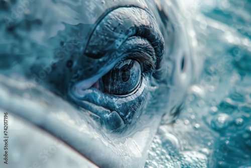 Extreme close-up of the eye of a whale, detailing the texture and reflections in the surrounding water.