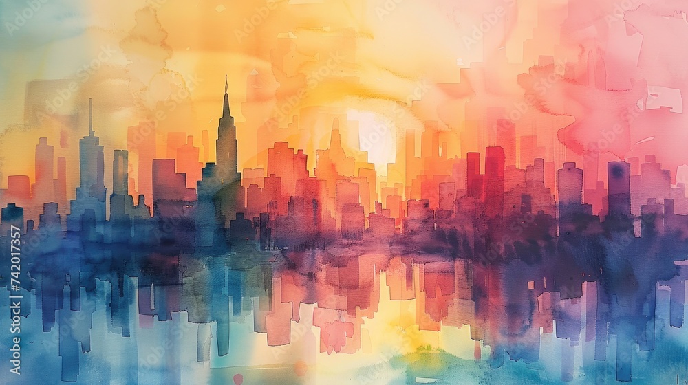 Dawn in the City: Watercolor Urban Skyline with Soft Color Washes Blending Architecture and Art