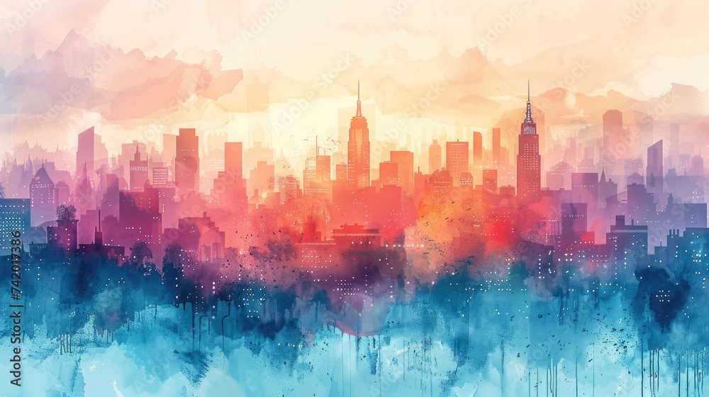 Artistic City at Dawn: Soft Watercolor Washes Depicting an Urban Skyline