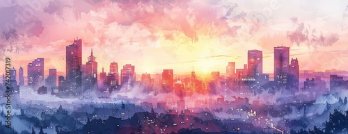 Urban Dawn: A Watercolor Skyline with Soft Washes of Color, Where Architecture Meets Art