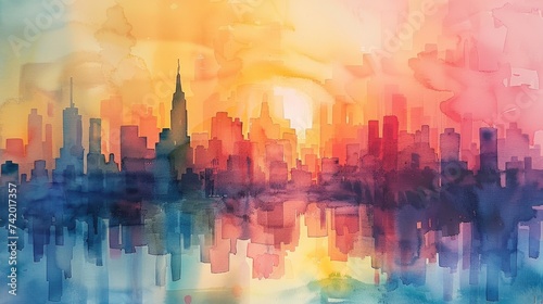 Dawn in the City  Watercolor Urban Skyline with Soft Color Washes Blending Architecture and Art