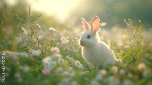 A small rabbit sits on a green meadow with flowers and grass
