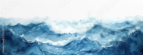 Dynamic Sea Beauty: Abstract Watercolor Ocean Waves in Shades of Blue and White © TETIANA