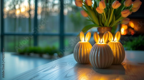 Candles with bunny ears on the table, against the background of tulips in a vase