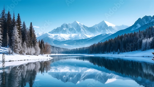 Winter Wonderland, Snowy Peaks & Crystal Clear Lake Reflection © Aksaka