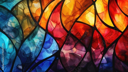 Fusion of Tradition and Abstract: Stained Glass Watercolor Effect with Bright Colors and Black Segmentation © TETIANA