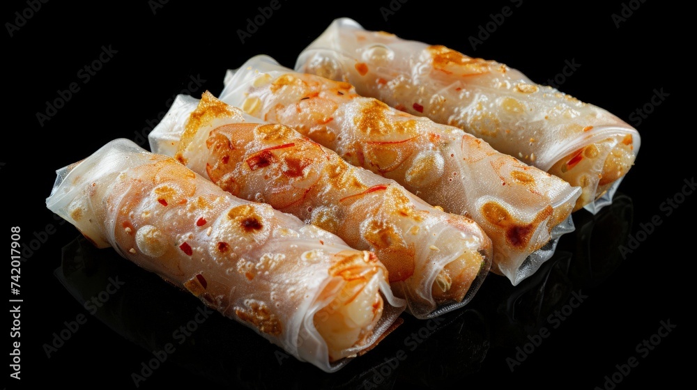 Traditional fried vietnamese spring rolls with shrimps and pork, rice paper on black background Traditional fried vietnamese spring rolls with shrimps and pork, rice paper on black background