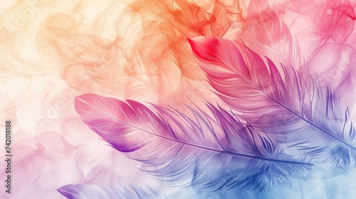 Airy Feather Harmony: Soft Watercolor Feathers in a Spectrum of Colors for a Light Desktop Background © TETIANA