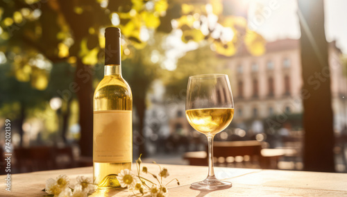 Harvest Celebration: A White Wine Bottle Amongst Bunches of Green Grapes on a Autumn Vineyard, with a Glass of Fresh Wine on a Vintage Table.