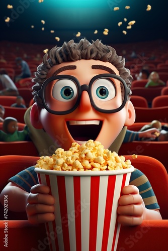 3D cartoon illustration of a person at the cinema with popcorn © Jorge Ferreiro