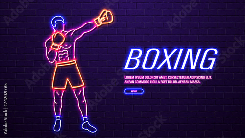 A neon boxer in gloves is a man on a brick wall background. A concept for sports betting with text.