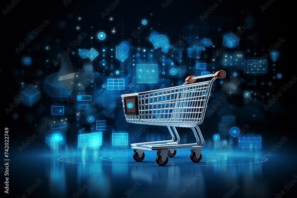 transparent shopping cart on dark blue glitter background