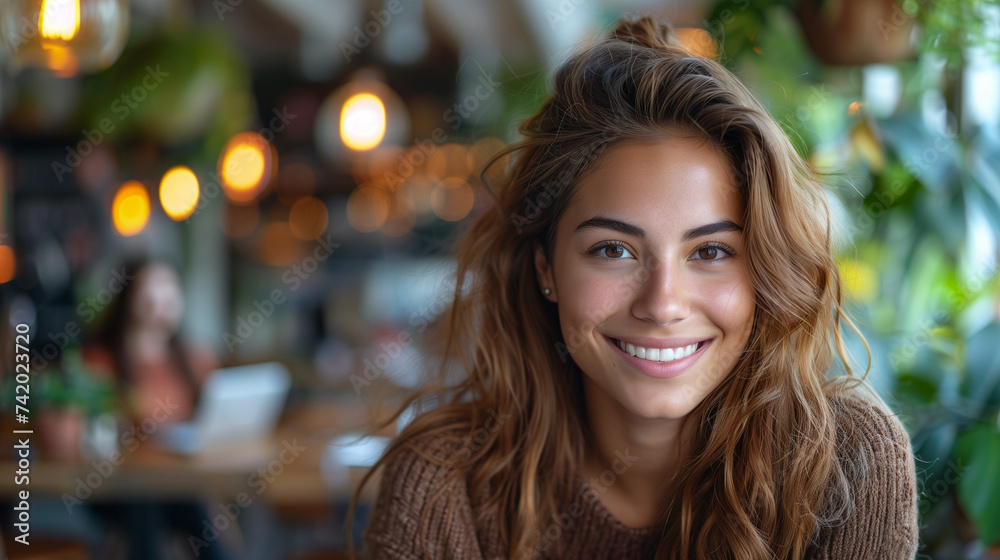 Enthusiastic Hispanic Young Woman Working on a Computer laptop in a Modern Bright Office. Confident Human Resources Agent Smiling Happily While Collaborating Online with Colleagues in a cafe Enthusiastic Hispanic Young Woman Working on a Computer laptop in a Modern Bright Office. Confident Human Resources Agent Smiling Happily While Collaborating Online with Colleagues in a cafe